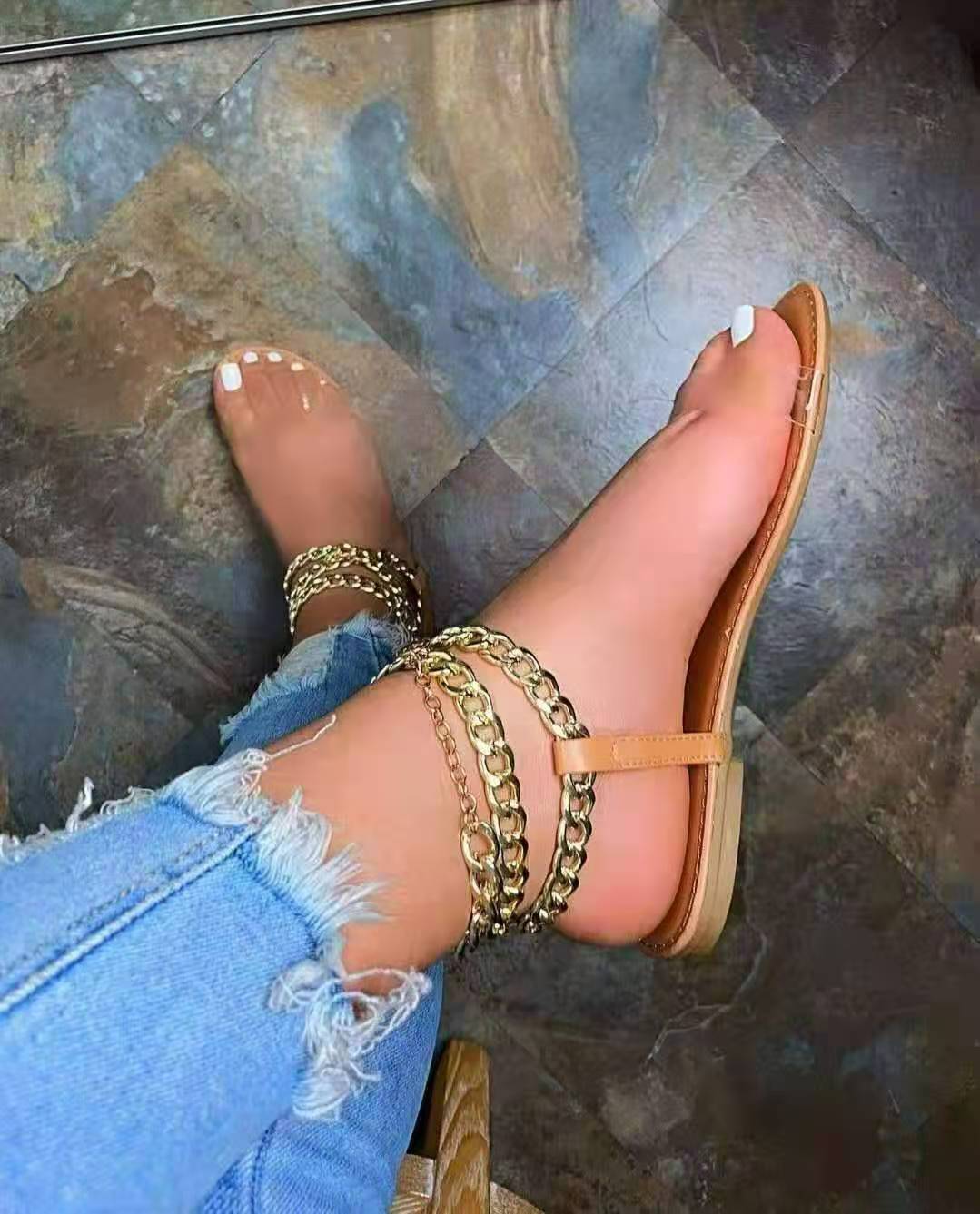 Large Size Sandals Women New Flat Metal Chain Transparent Belt Sandals European And American Beach