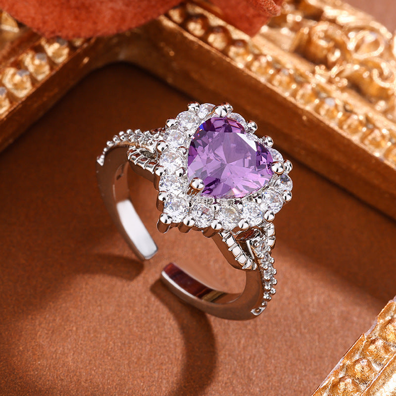 Ocean Heart Zircon Purple Crystal Stylish Women's Love Heart-shaped Ring