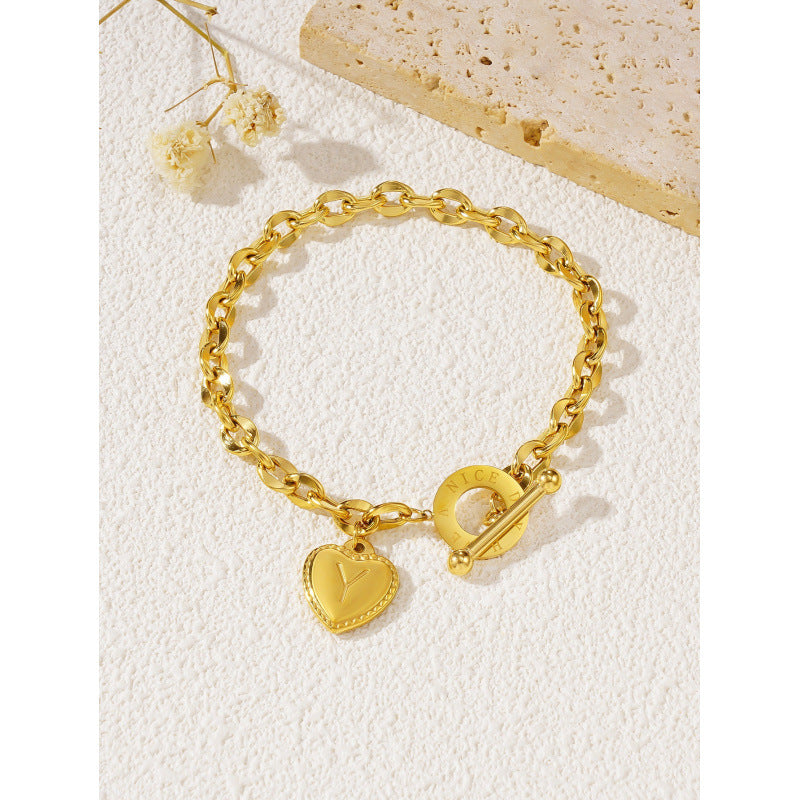 26-letter Gold Heart-clasp Titanium Bracelet A Versatile Personalized Stainless Steel Accessory