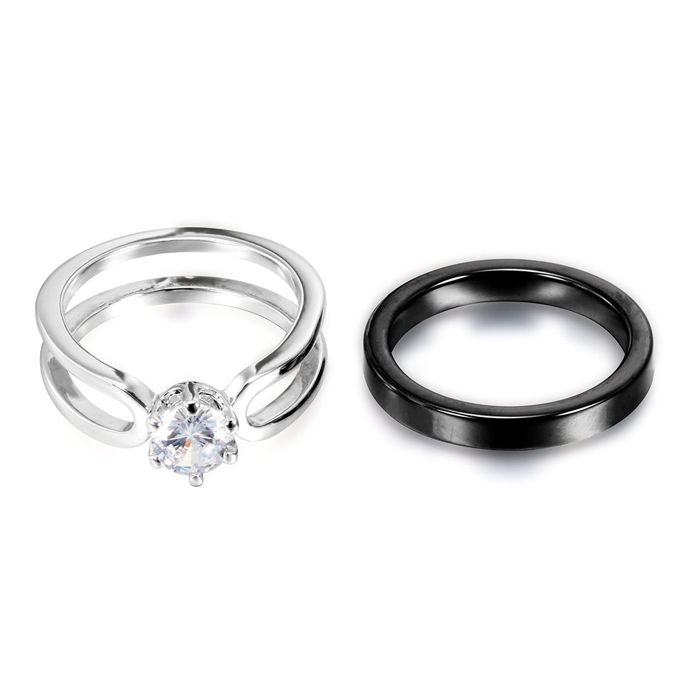Stylish Ceramic Set Zircon Split Couple Ring