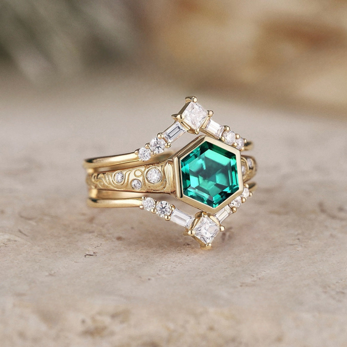 Stylish Hexagonal Green Diamond Womens Ring