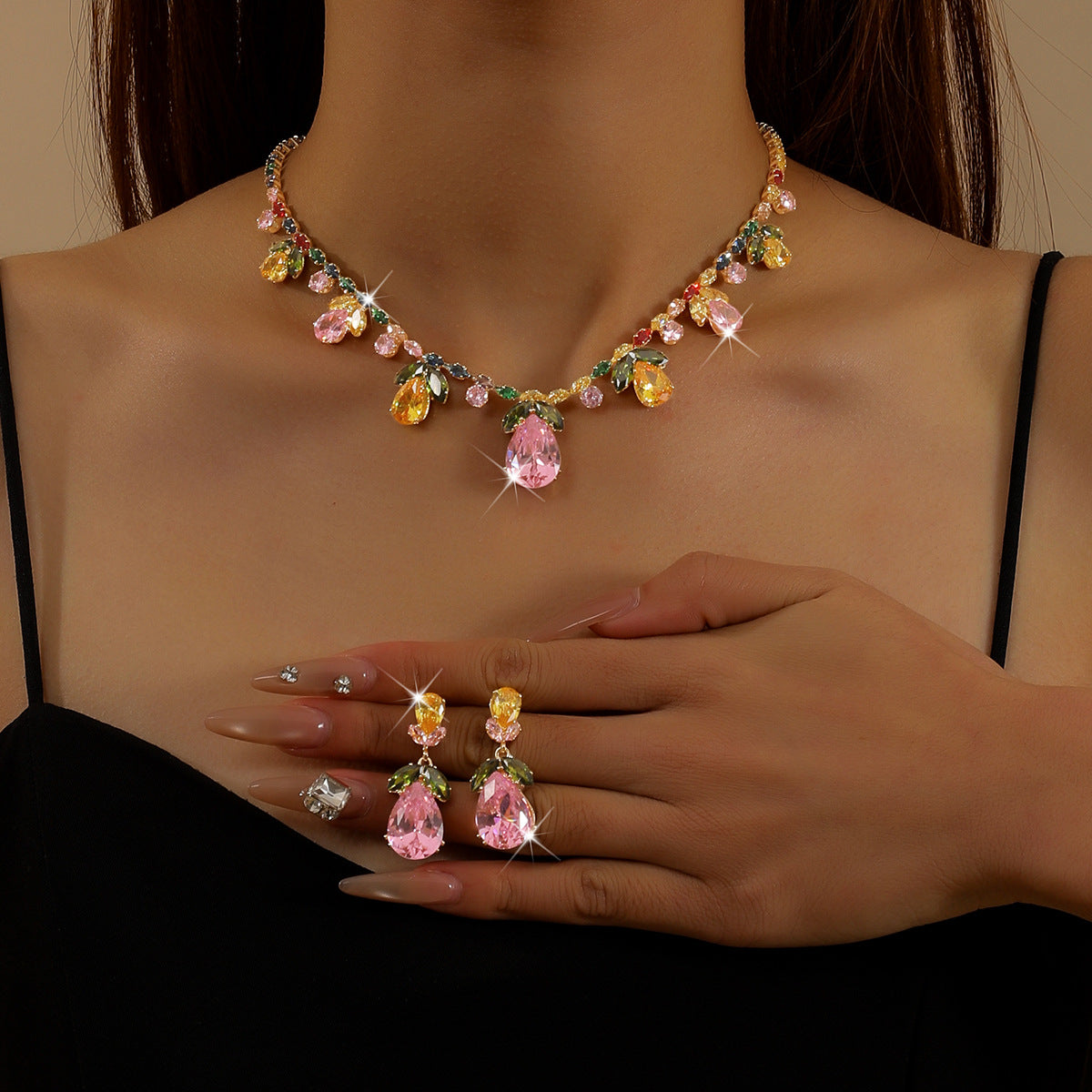 Colorful Intricately Crafted Zircon Necklace And Earrings Jewelry Set