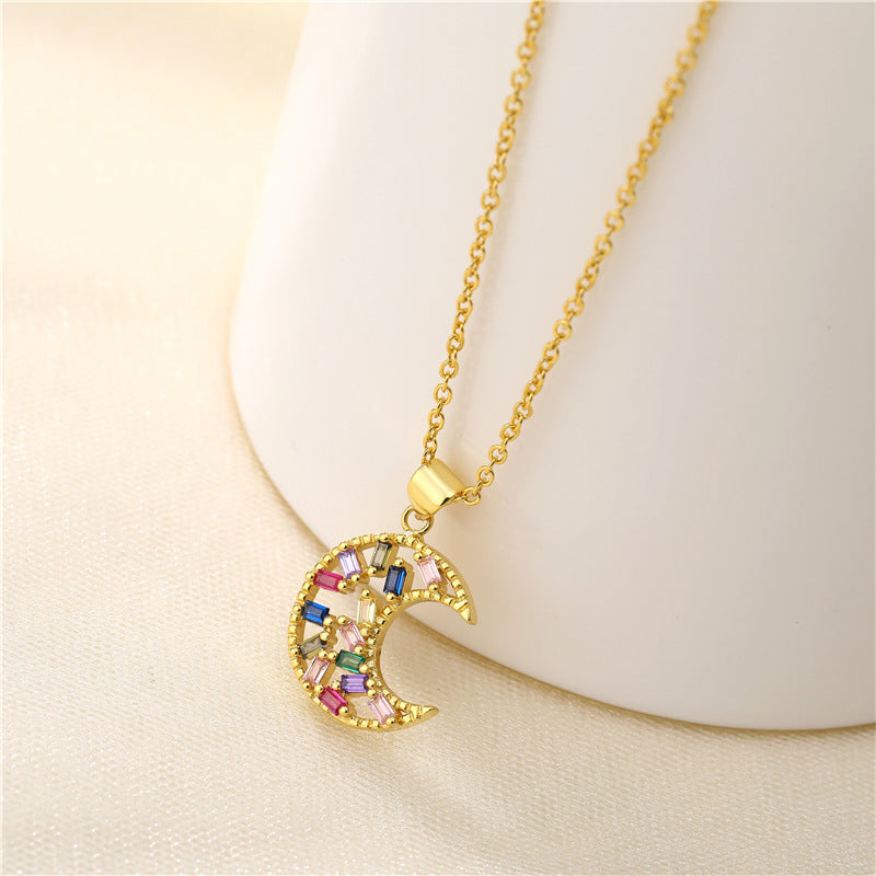 Gold-plated Moon Necklace Female Creative Mixed Color Zircon Clavicle Chain Accessories Female