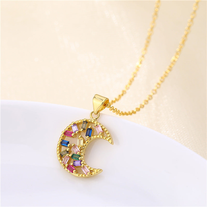 Gold-plated Moon Necklace Female Creative Mixed Color Zircon Clavicle Chain Accessories Female