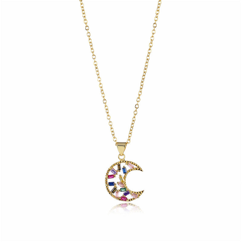Gold-plated Moon Necklace Female Creative Mixed Color Zircon Clavicle Chain Accessories Female