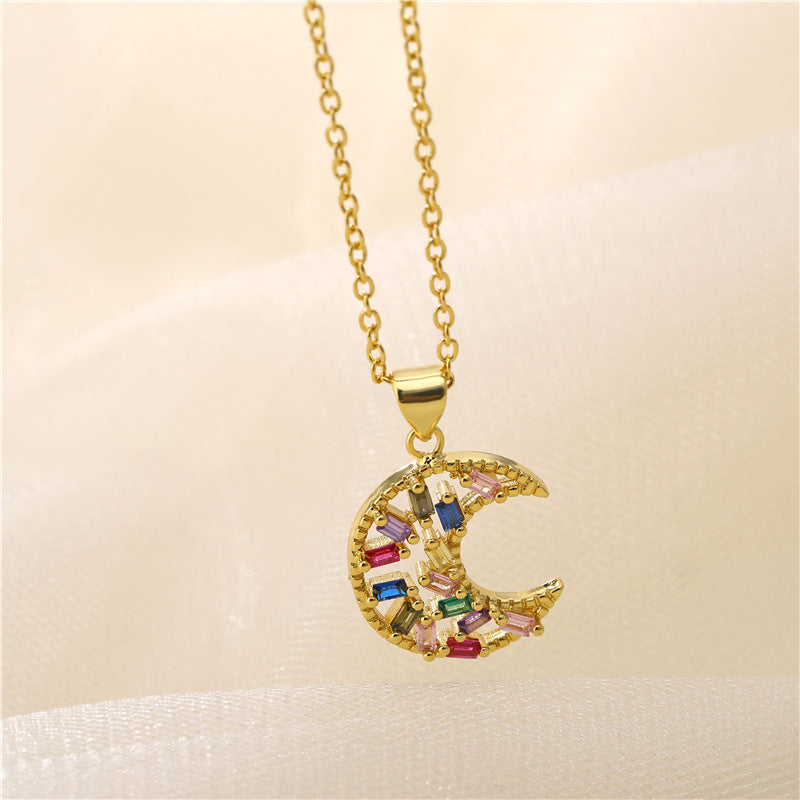 Gold-plated Moon Necklace Female Creative Mixed Color Zircon Clavicle Chain Accessories Female