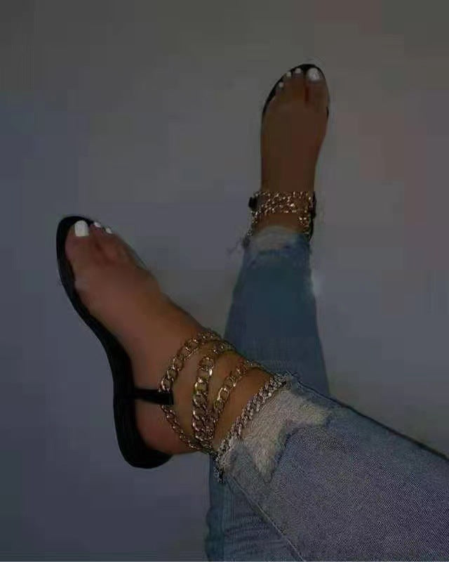 Large Size Sandals Women  New Flat Metal Chain Transparent Belt Sandals European And American Beach