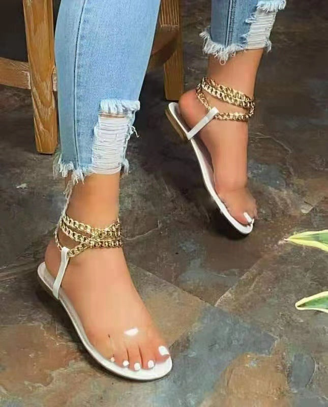 Large Size Sandals Women  New Flat Metal Chain Transparent Belt Sandals European And American Beach