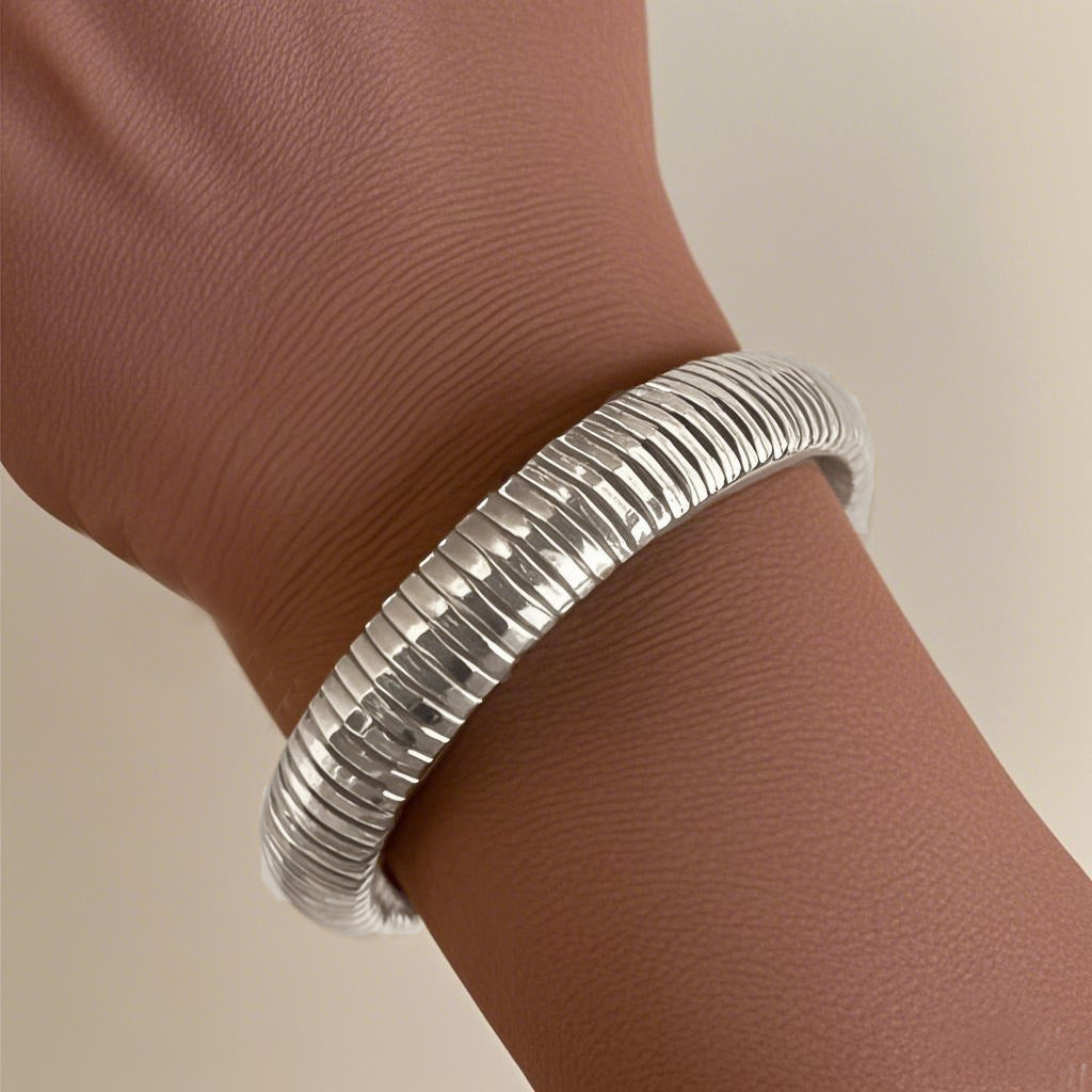 Womens Gold-Colored Stretch Stainless Steel Snake-Chain Wide Bracelet