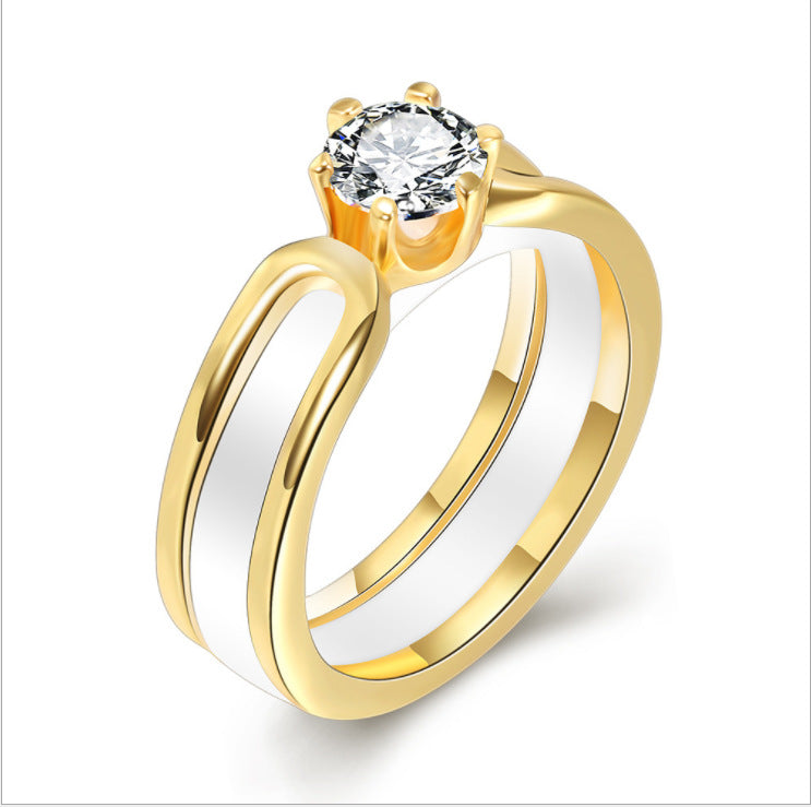 Stylish Ceramic Set Zircon Split Couple Ring