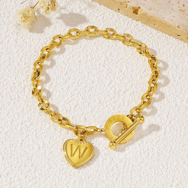 26-letter Gold Heart-clasp Titanium Bracelet A Versatile Personalized Stainless Steel Accessory