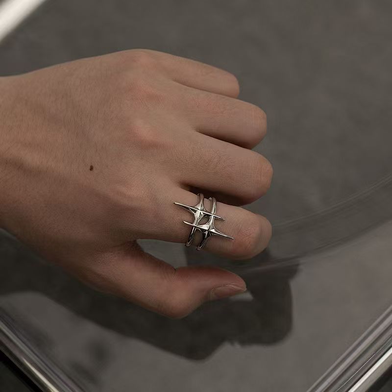 1 Pc Punk Style Hip Hop Geometric Star Adjustable Open Ring For Men, Suitable For Banquet, Party, Dating