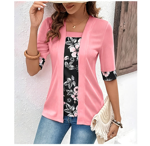 Womens Faux Two-piece Short-sleeve Printed Top