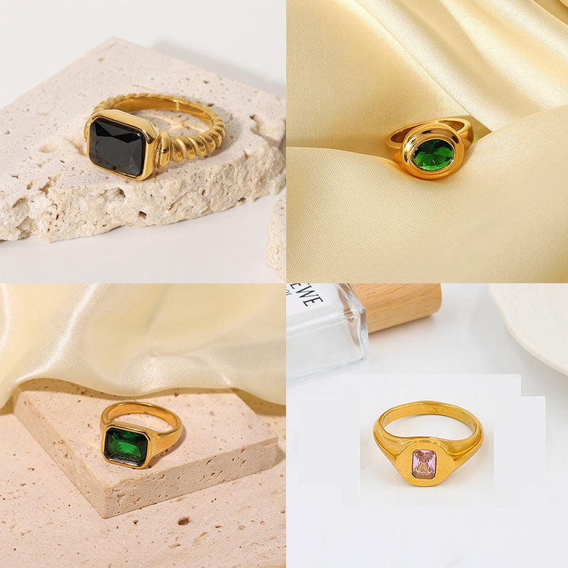 Vintage-style Personalized Trendy Zircon-studded Gold-plated Stainless Steel Ring
