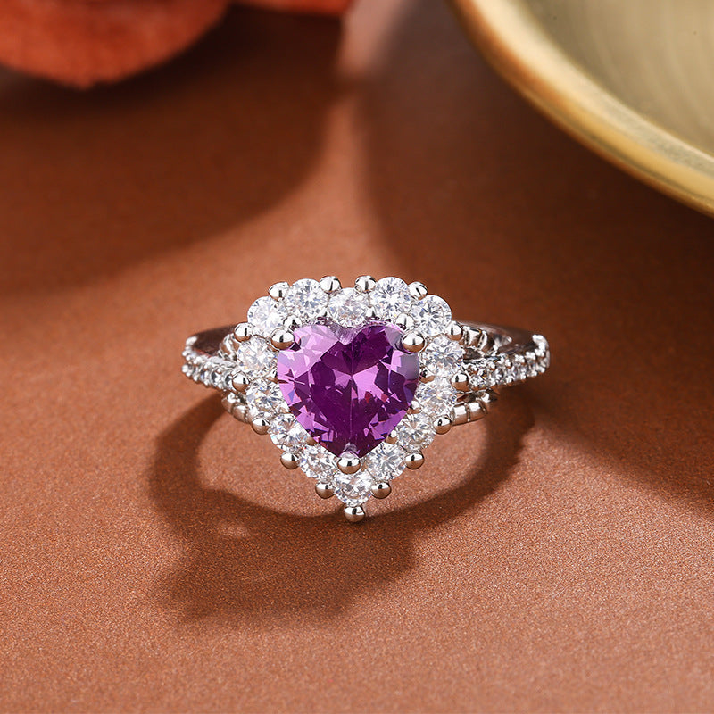 Ocean Heart Zircon Purple Crystal Stylish Women's Love Heart-shaped Ring