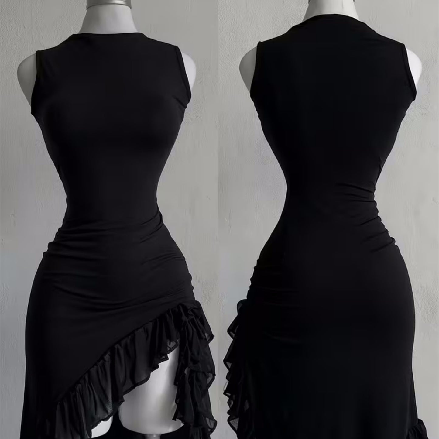An Asymmetrical Dress With Flounces