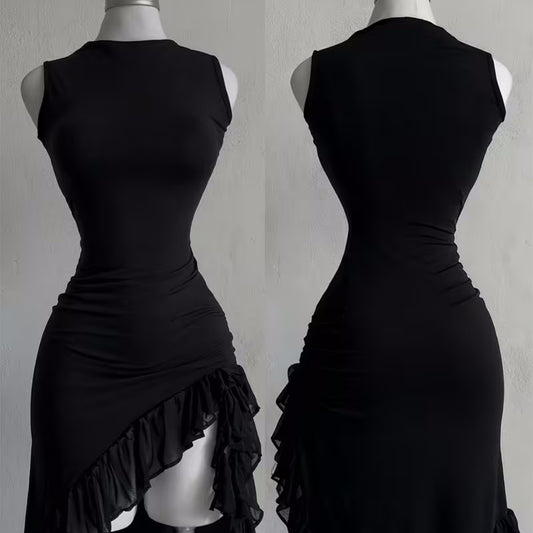 An Asymmetrical Dress With Flounces