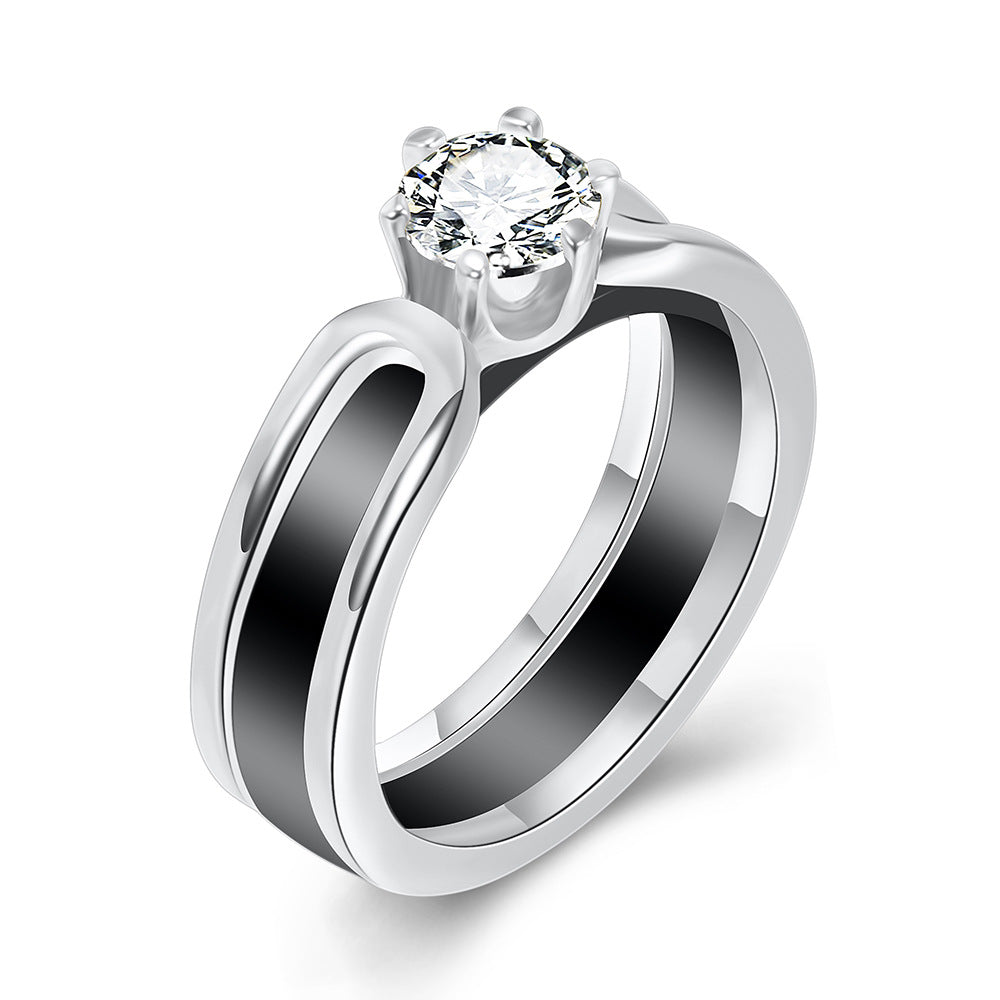 Stylish Ceramic Set Zircon Split Couple Ring