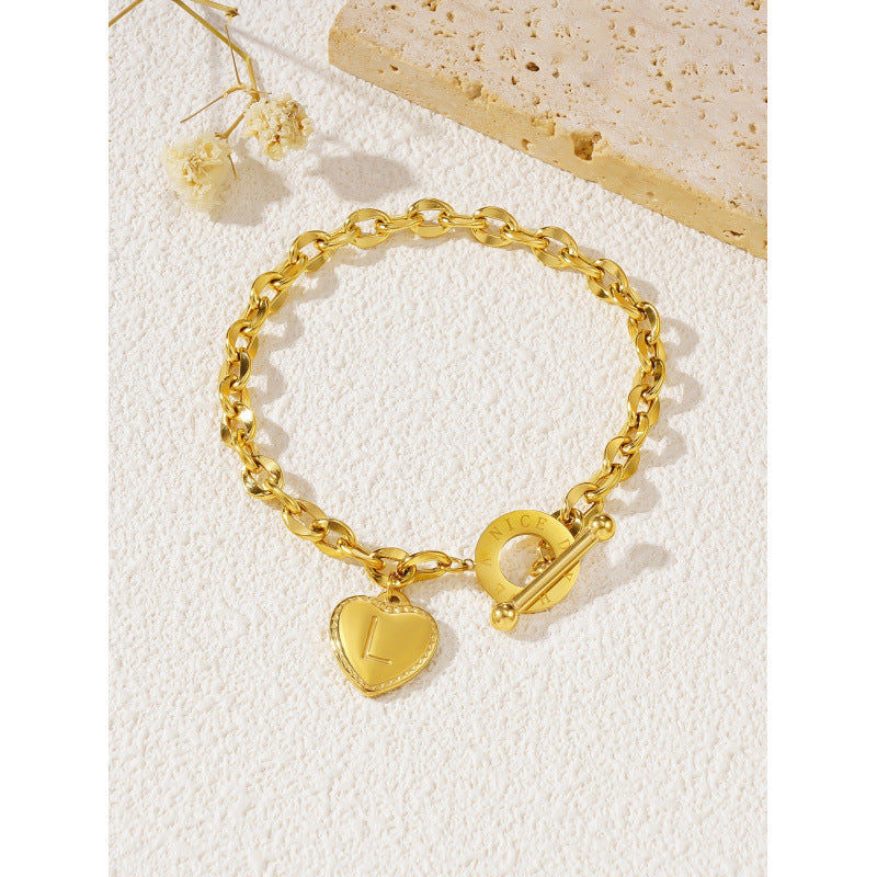 26-letter Gold Heart-clasp Titanium Bracelet A Versatile Personalized Stainless Steel Accessory