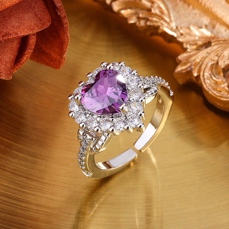 Ocean Heart Zircon Purple Crystal Stylish Women's Love Heart-shaped Ring