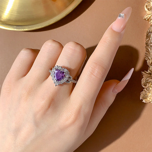Ocean Heart Zircon Purple Crystal Stylish Women's Love Heart-shaped Ring