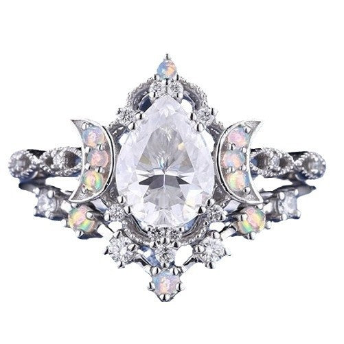Moonstone Colored Gems Ring Women's Stylish Water Drop Zircon Couple Rings