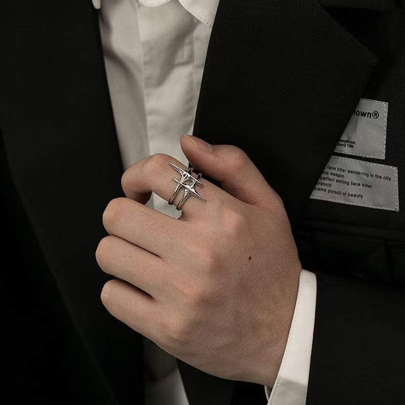 1 Pc Punk Style Hip Hop Geometric Star Adjustable Open Ring For Men, Suitable For Banquet, Party, Dating