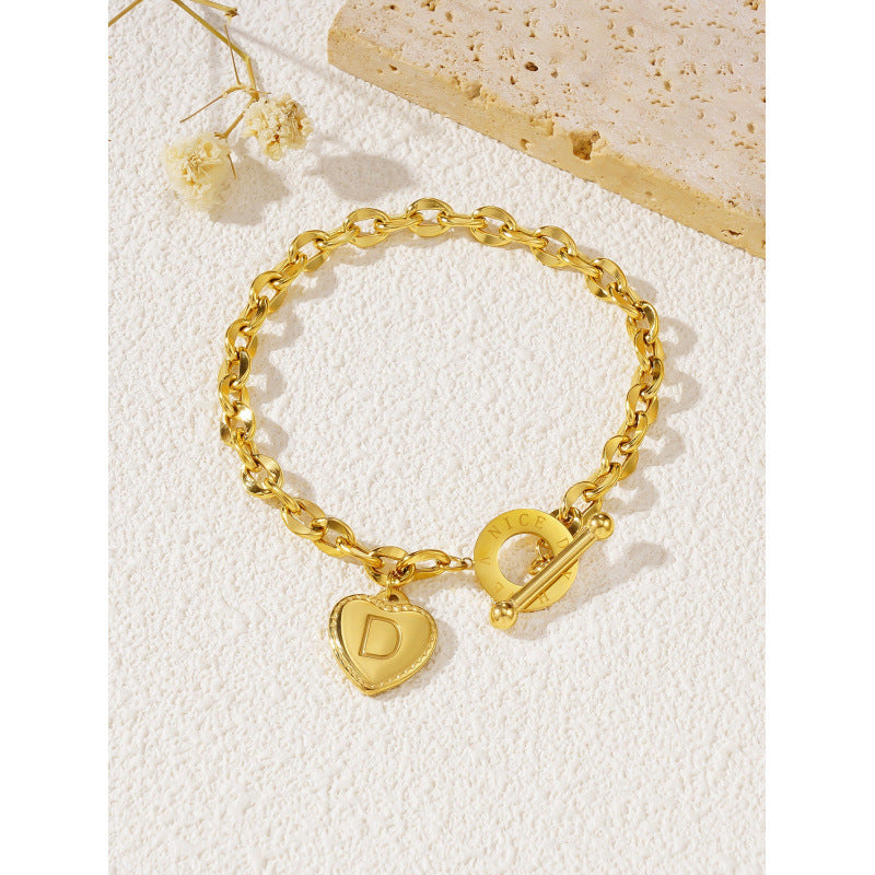 26-letter Gold Heart-clasp Titanium Bracelet A Versatile Personalized Stainless Steel Accessory