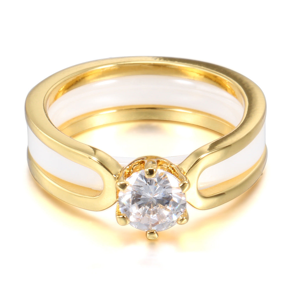 Stylish Ceramic Set Zircon Split Couple Ring