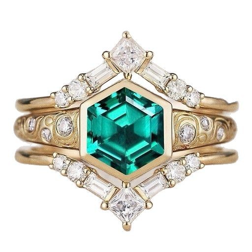 Stylish Hexagonal Green Diamond Womens Ring