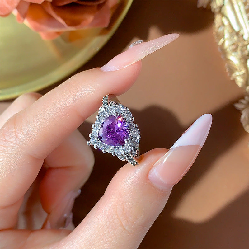 Ocean Heart Zircon Purple Crystal Stylish Women's Love Heart-shaped Ring