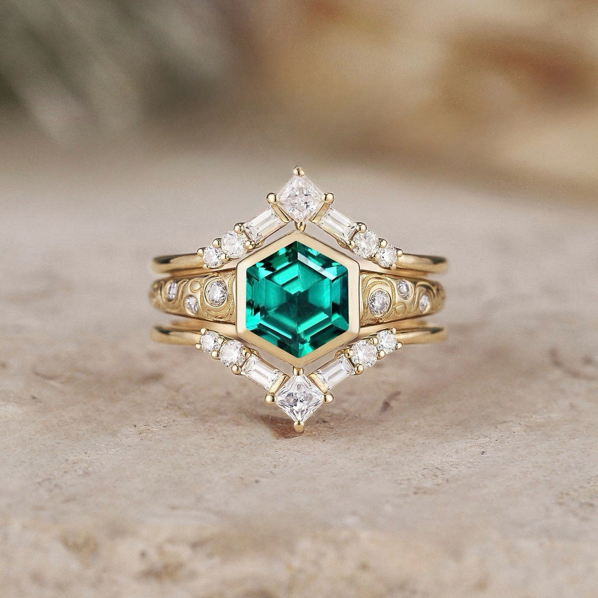 Stylish Hexagonal Green Diamond Womens Ring