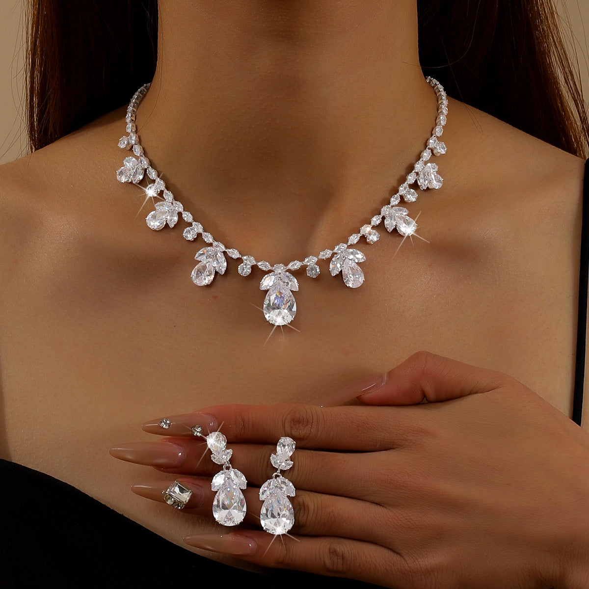 Colorful Intricately Crafted Zircon Necklace And Earrings Jewelry Set