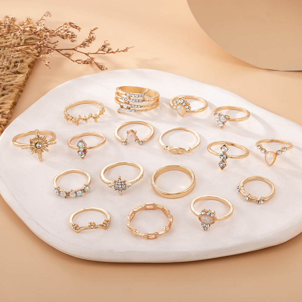 Bohemian-style 17-piece Ring Set With Pave Diamonds For Women