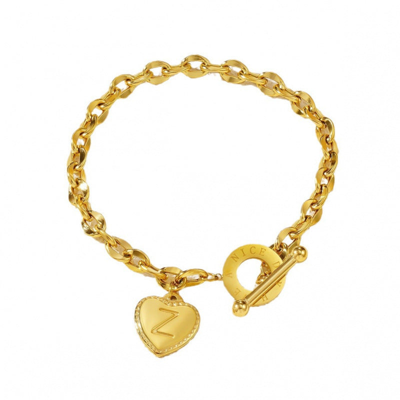 26-letter Gold Heart-clasp Titanium Bracelet A Versatile Personalized Stainless Steel Accessory