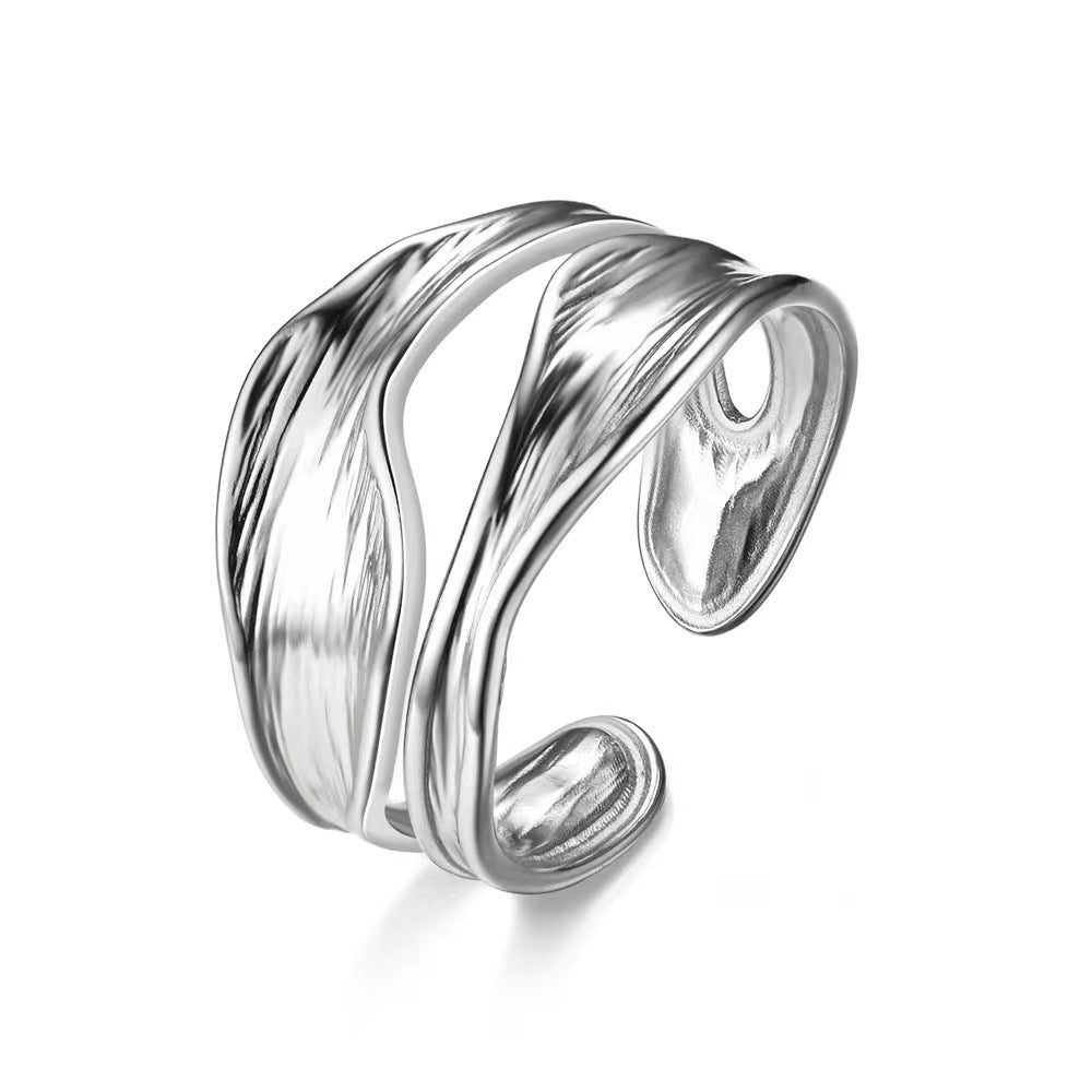 Hydraulic-pressed Wavy Titanium Ring For Women Trendy And Stylish