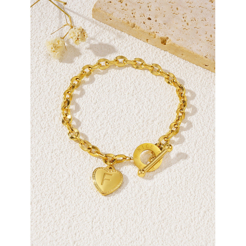 26-letter Gold Heart-clasp Titanium Bracelet A Versatile Personalized Stainless Steel Accessory